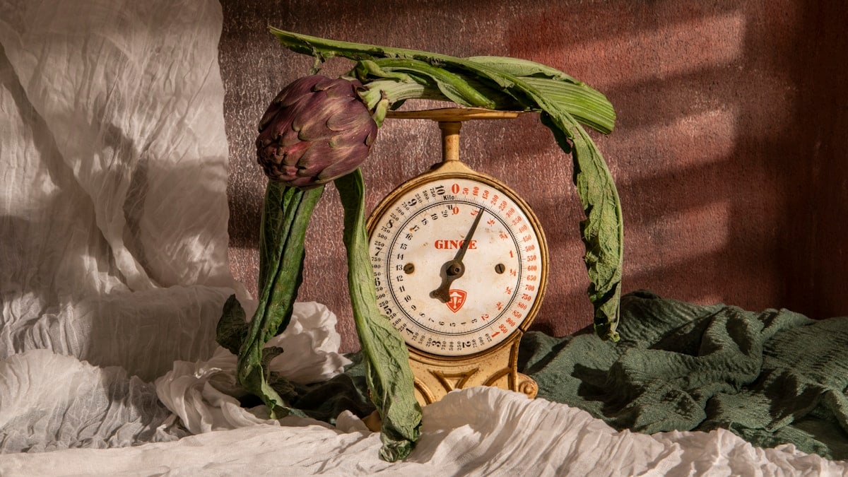 Artichoke rests on a scale surrounded by leaves.
